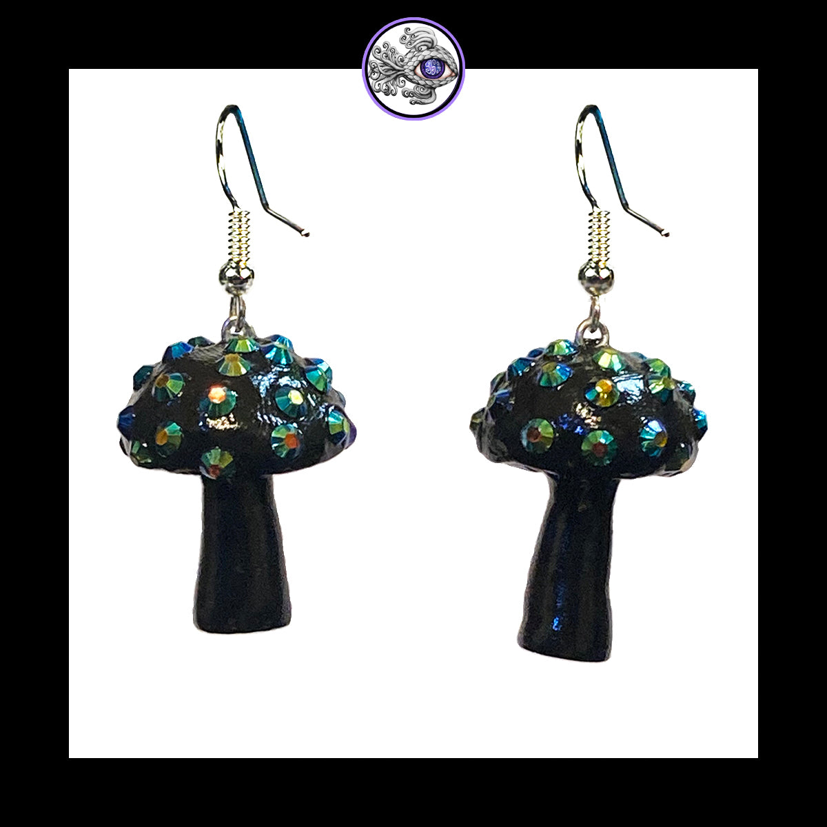 Mushrooms - Black Sparkle - Amanita Clay Dangle Earrings