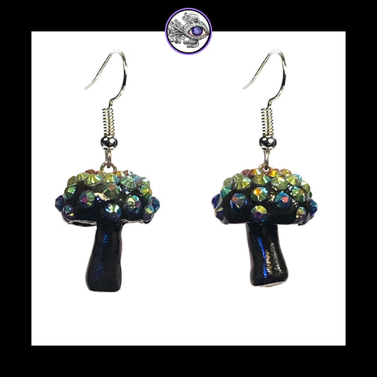 Mushrooms - Black Sparkle - Amanita Clay Dangle Earrings