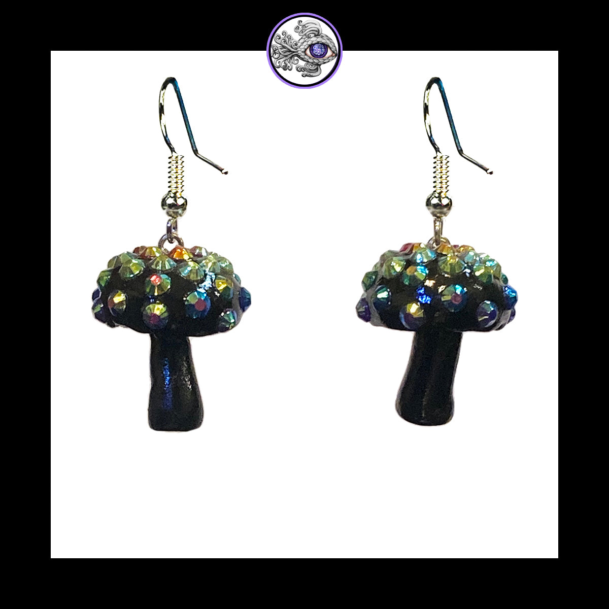 Mushrooms - Black Sparkle - Amanita Clay Dangle Earrings