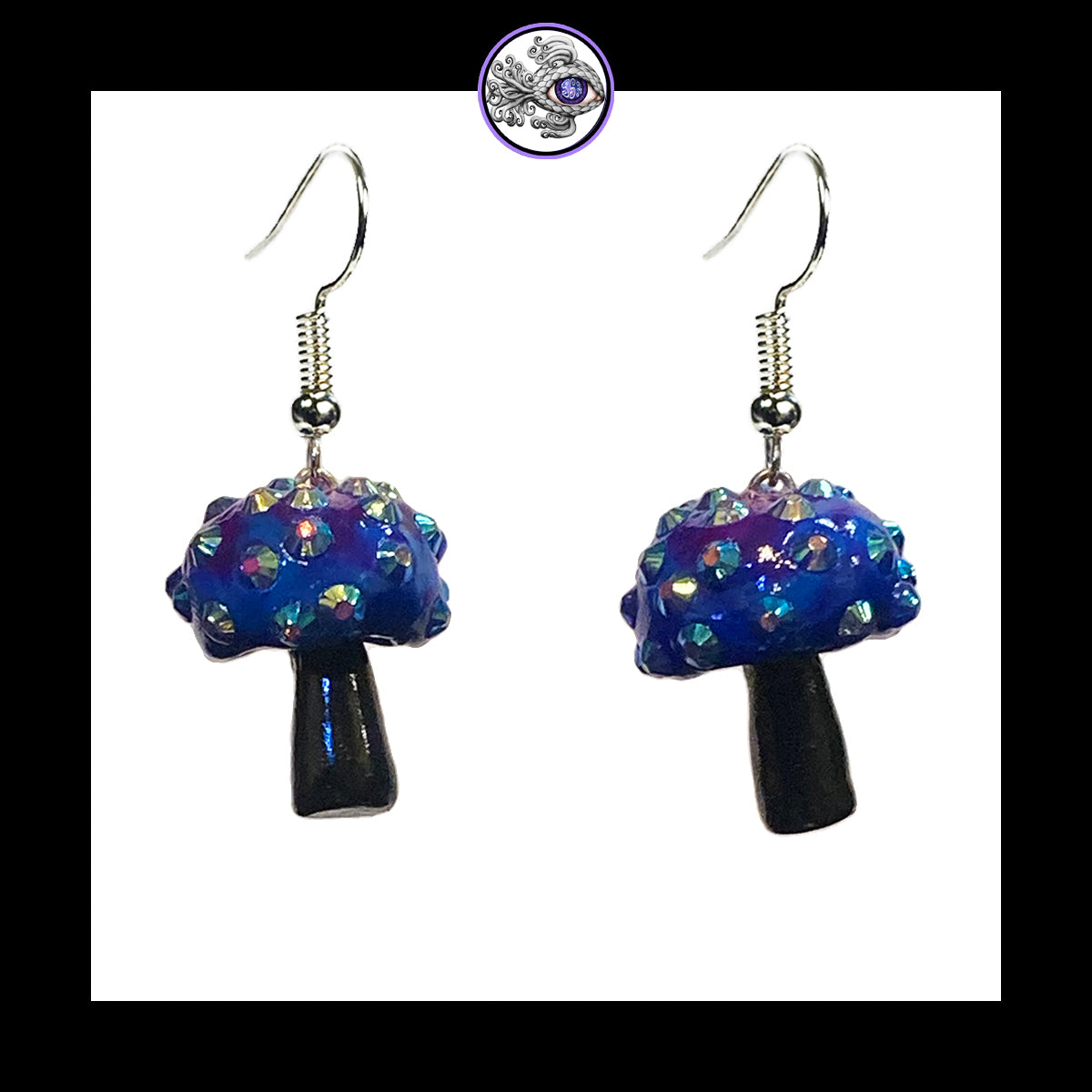 Mushrooms - Blue & Black Sparkle Amanita - Handmade Clay Dangle Earrings