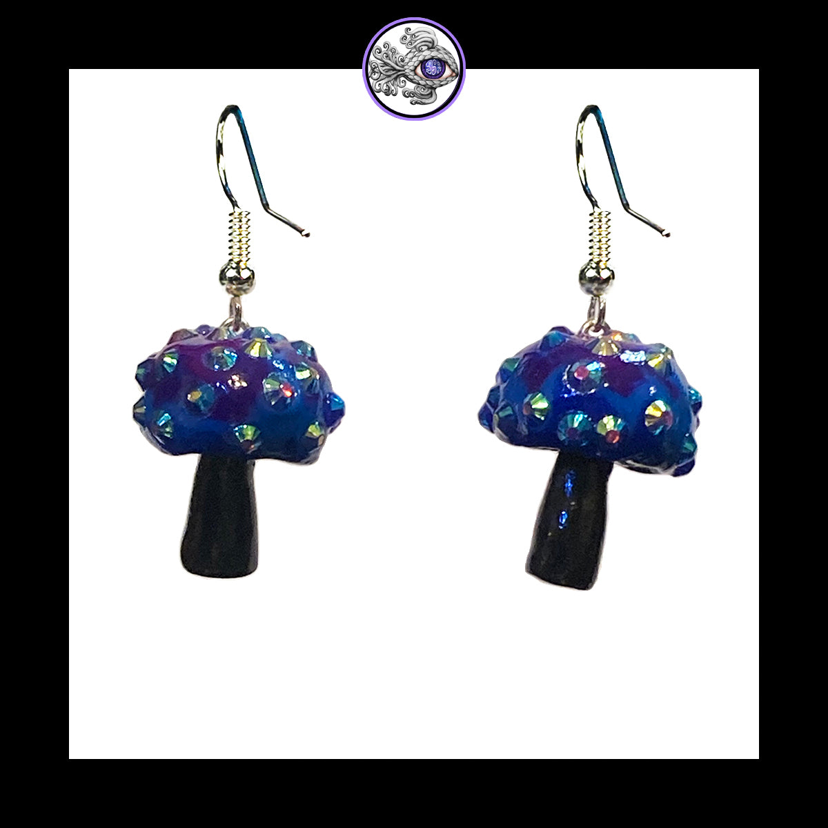 Mushrooms - Blue & Black Sparkle Amanita - Handmade Clay Dangle Earrings