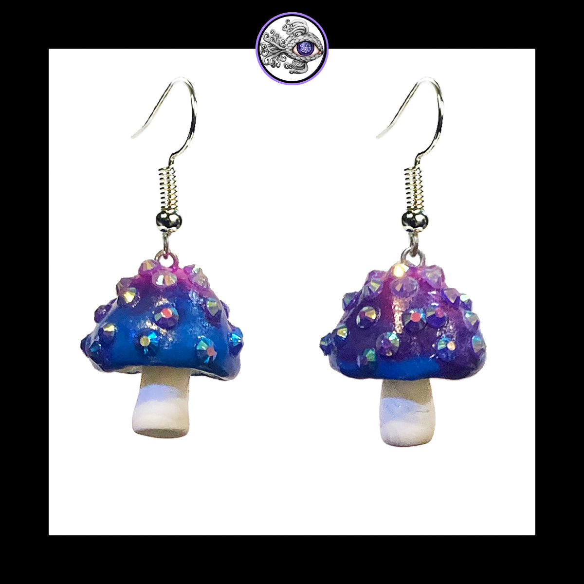 Mushrooms - Blue & White Sparkle Amanita - Handmade Clay Dangle Earrings