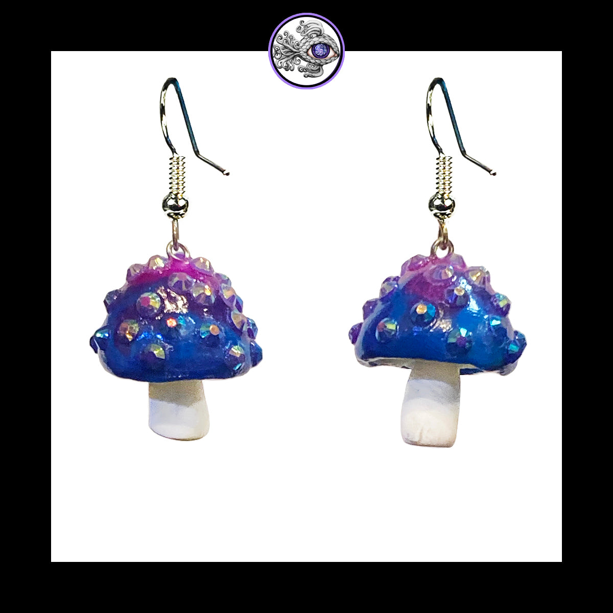 Mushrooms - Blue & White Sparkle Amanita - Handmade Clay Dangle Earrings