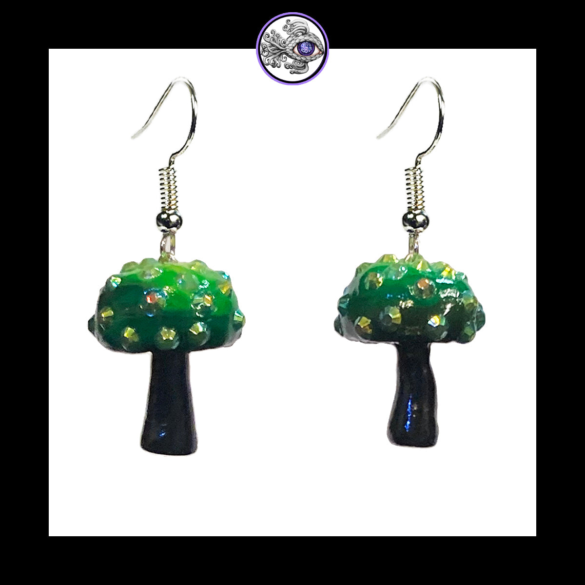 Mushrooms - Green & Black Sparkle - Amanita Clay Dangle Earrings