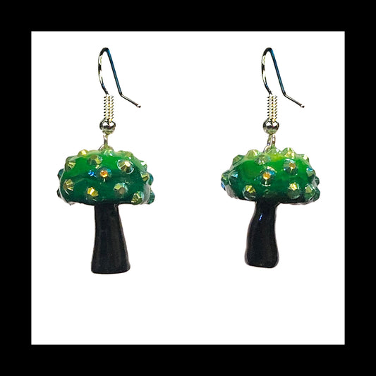 Mushrooms - Green & Black Sparkle - Amanita Clay Dangle Earrings