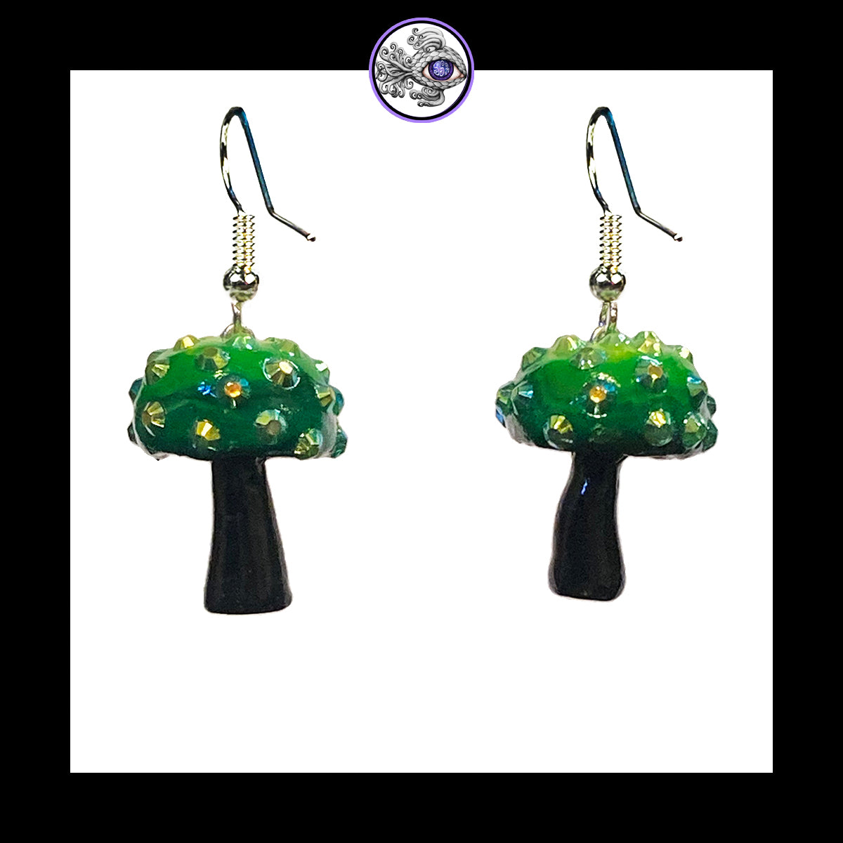 Mushrooms - Green & Black Sparkle - Amanita Clay Dangle Earrings