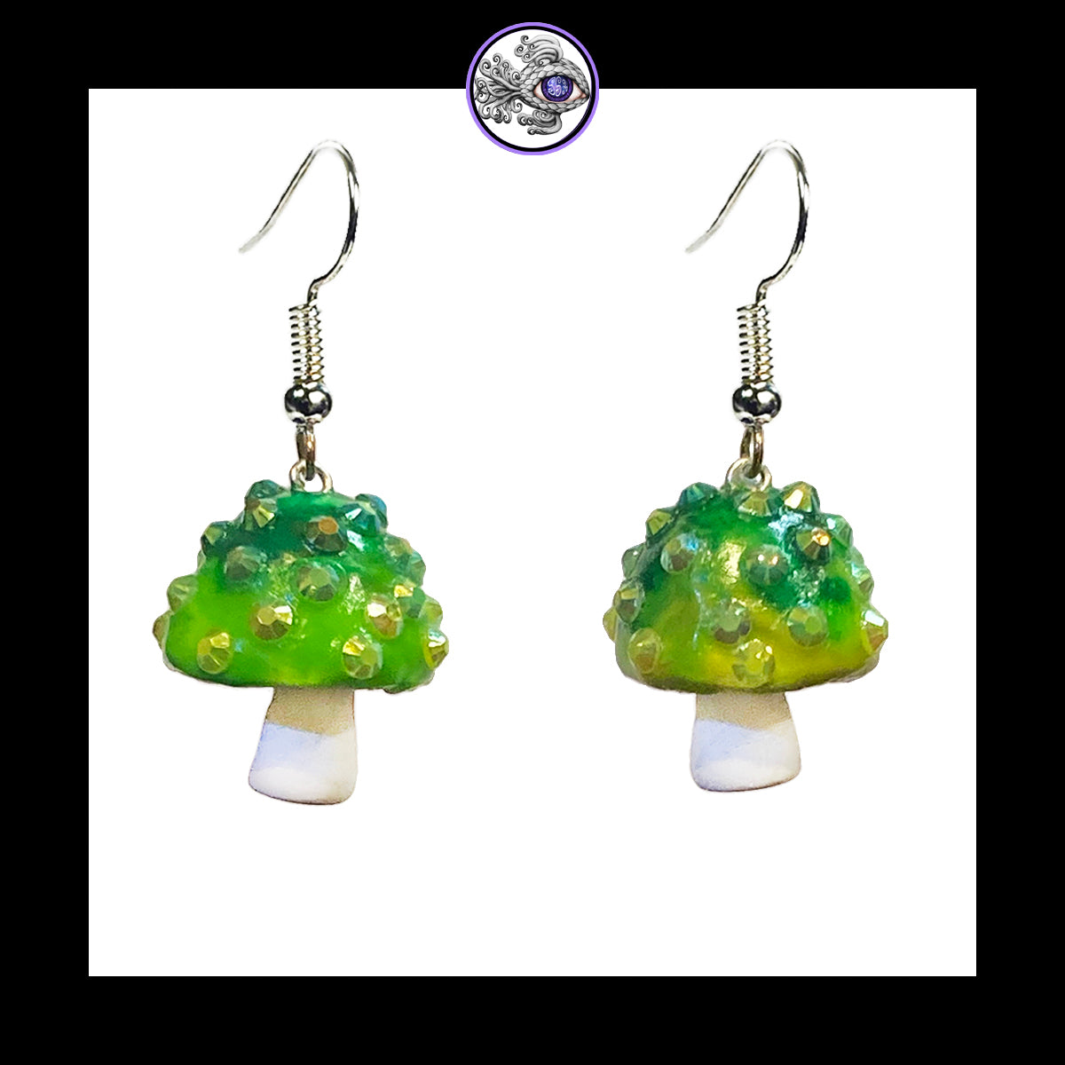 Mushrooms - Green & White Sparkle - Amanita Clay Dangle Earrings