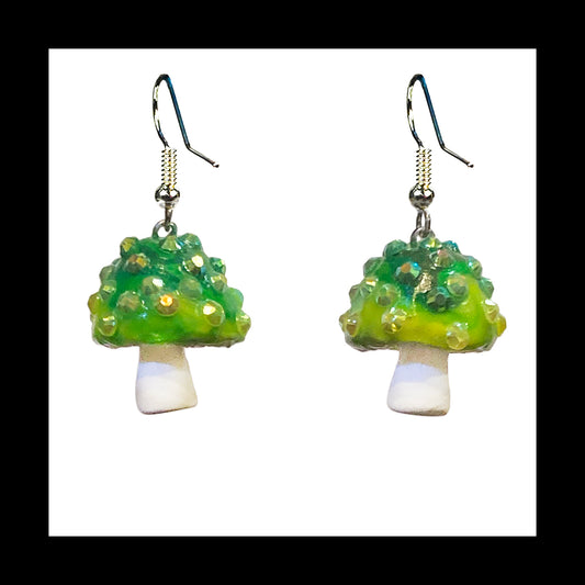 Mushrooms - Green & White Sparkle - Amanita Clay Dangle Earrings