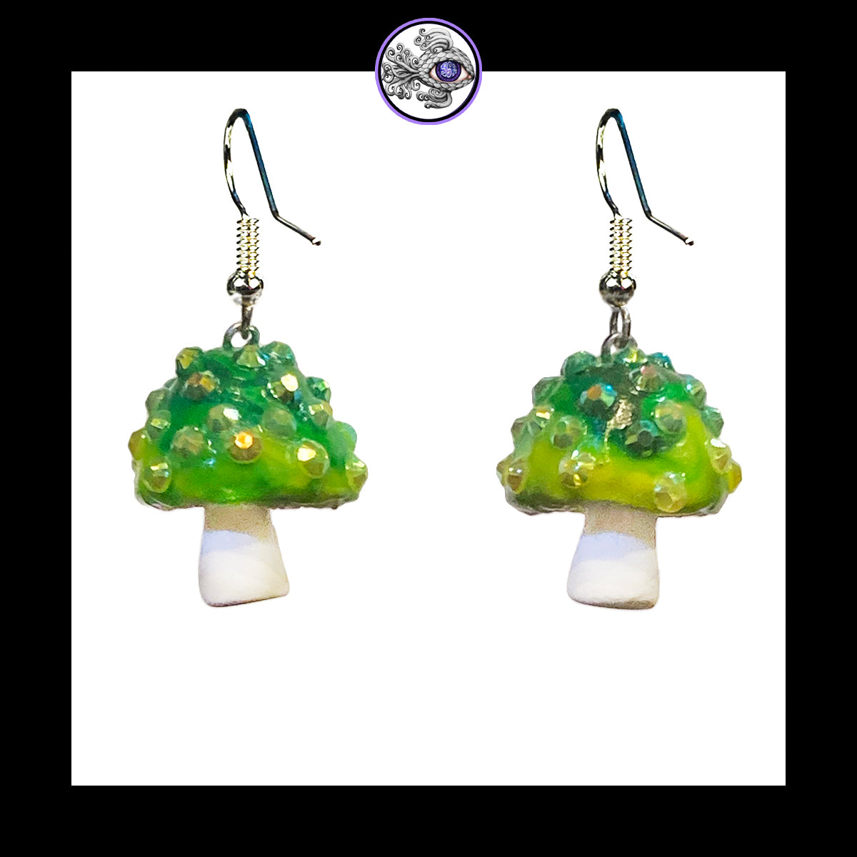 Mushrooms - Green & White Sparkle - Amanita Clay Dangle Earrings