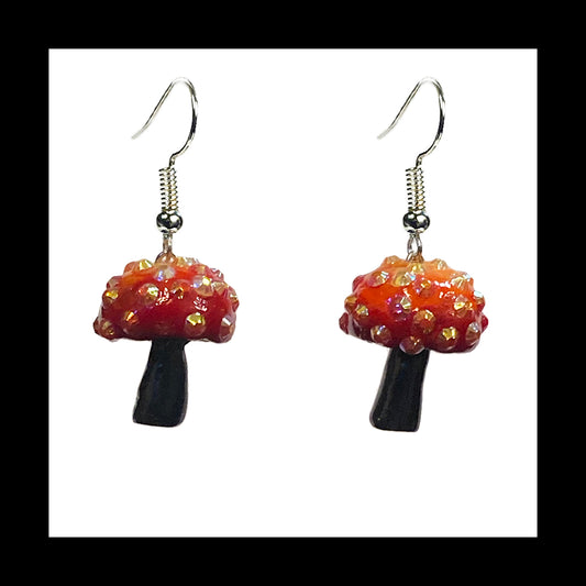 Mushrooms - Orange & Black Sparkle Amanita - Handmade Clay Dangle Earrings