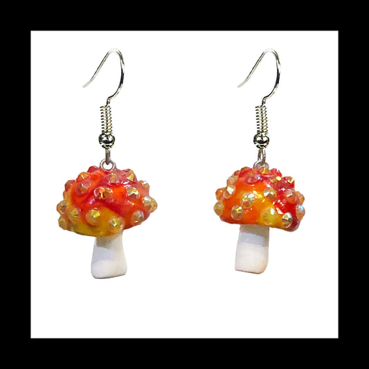 Mushrooms - Orange & White Sparkle Amanita - Handmade Clay Dangle Earrings *Custom Order Only*