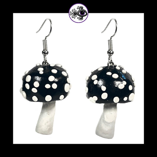 Mushrooms - Black Amanita - Handmade Clay Dangle Earrings