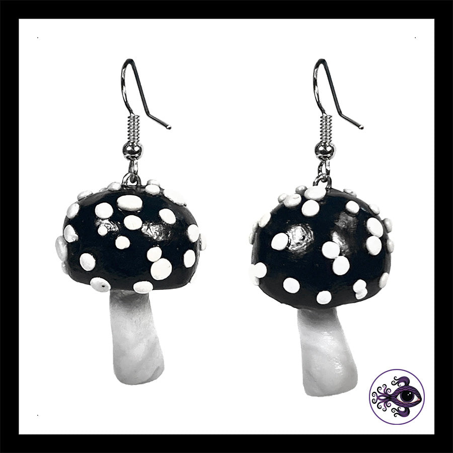 Mushrooms - Black Amanita - Handmade Clay Dangle Earrings