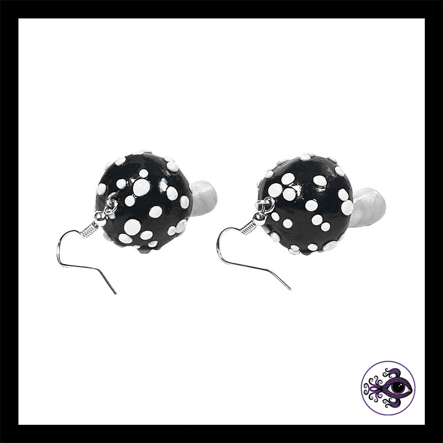 Mushrooms - Black Amanita - Handmade Clay Dangle Earrings