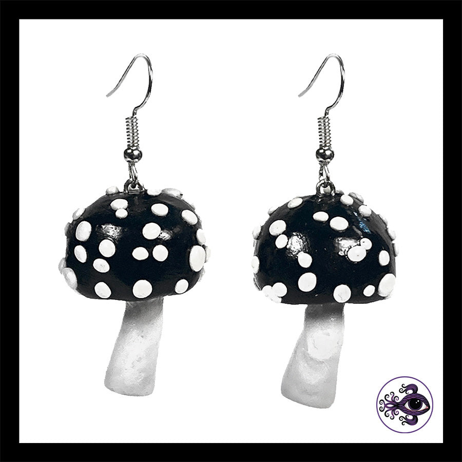 Mushrooms - Black Amanita - Handmade Clay Dangle Earrings
