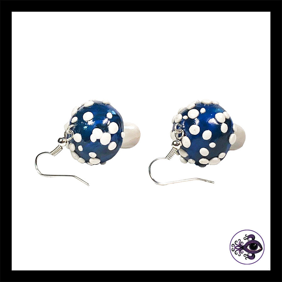 Mushrooms - Blue & Black Amanita - Handmade Clay Dangle Earrings