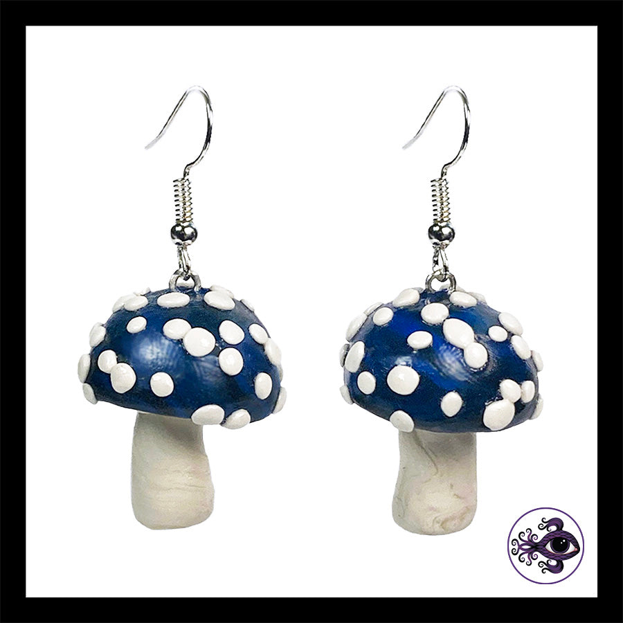 Mushrooms - Blue & Black Amanita - Handmade Clay Dangle Earrings