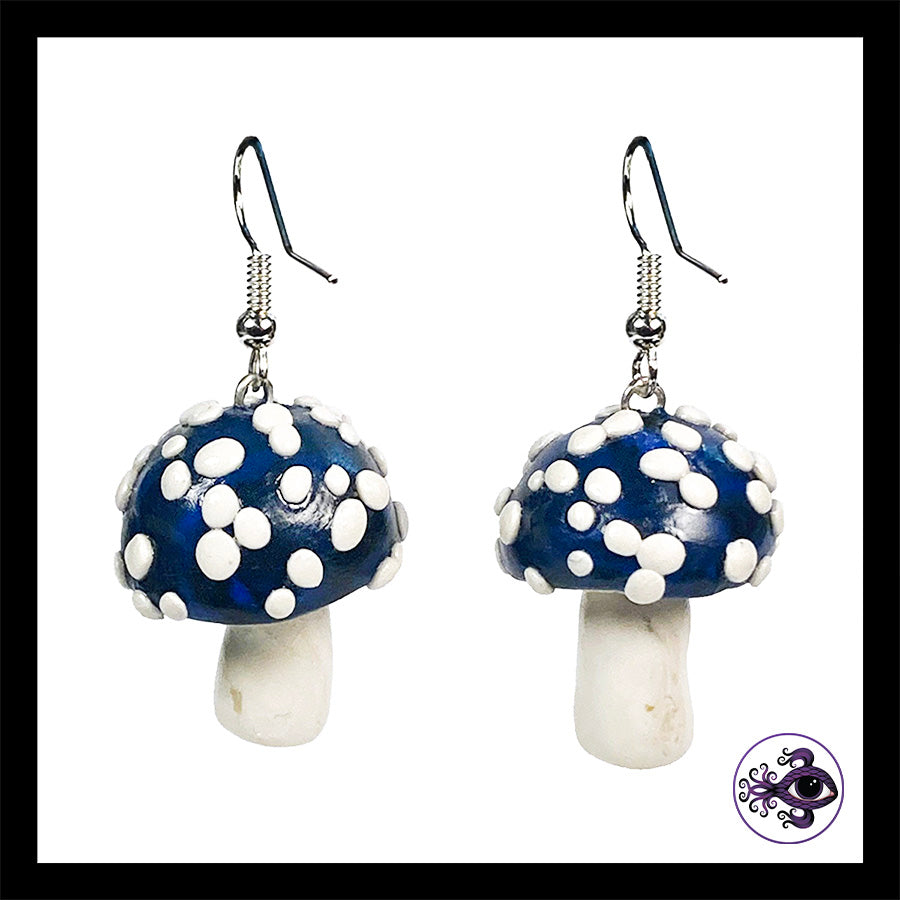 Mushrooms - Blue & Black Amanita - Handmade Clay Dangle Earrings