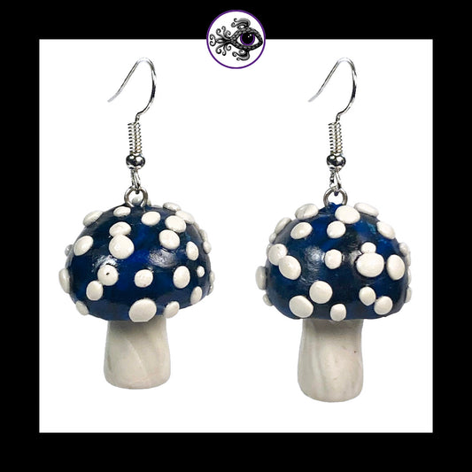 Mushrooms - Blue & Black Amanita - Handmade Clay Dangle Earrings