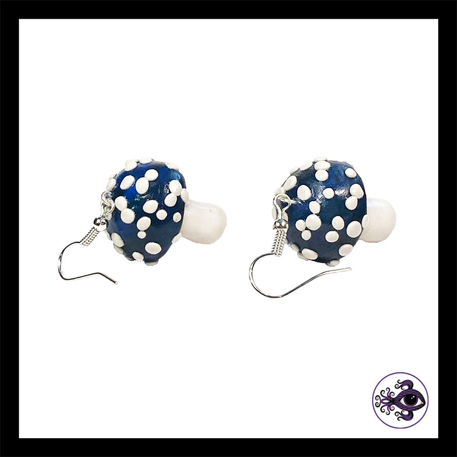 Mushrooms - Blue & Black Amanita - Handmade Clay Dangle Earrings