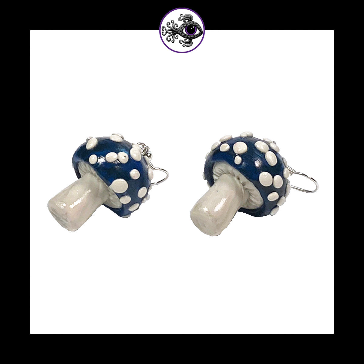 Mushrooms - Blue & Black Amanita - Handmade Clay Dangle Earrings