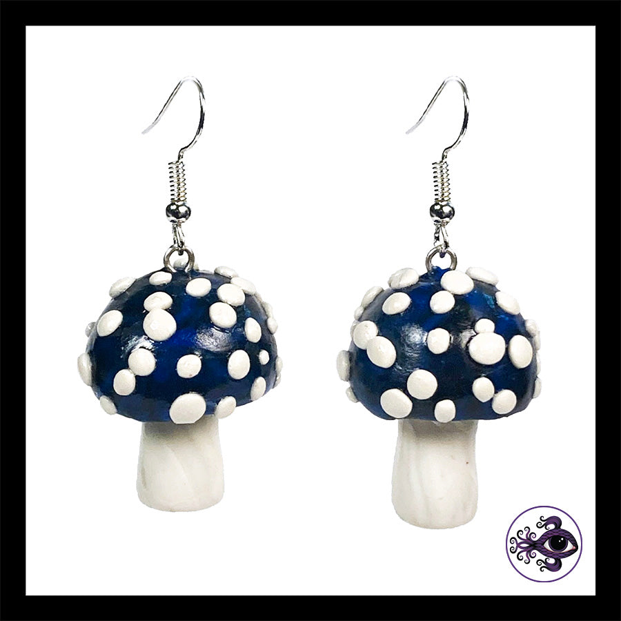 Mushrooms - Blue & Black Amanita - Handmade Clay Dangle Earrings