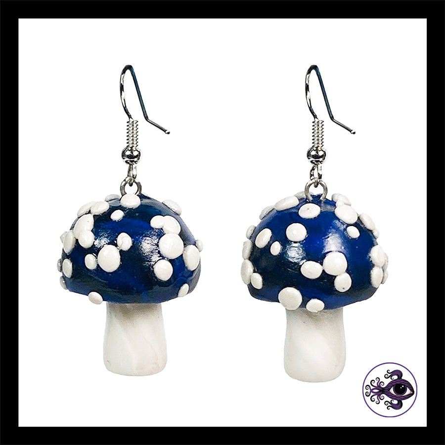 Mushrooms - Blue & Black Amanita - Handmade Clay Dangle Earrings