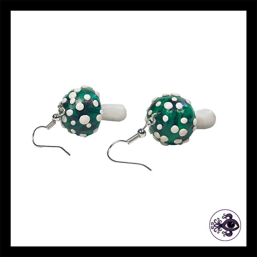 Mushrooms - Green & Black Amanita - Handmade Clay Dangle Earrings *Custom Order Only*