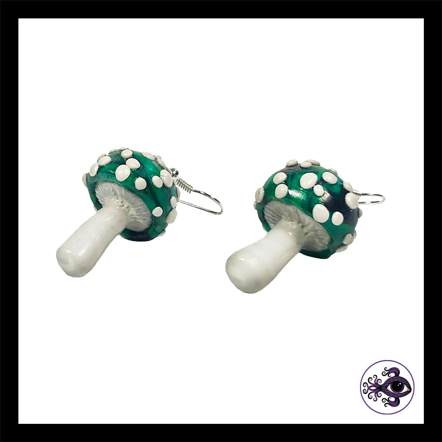 Mushrooms - Green & Black Amanita - Handmade Clay Dangle Earrings *Custom Order Only*
