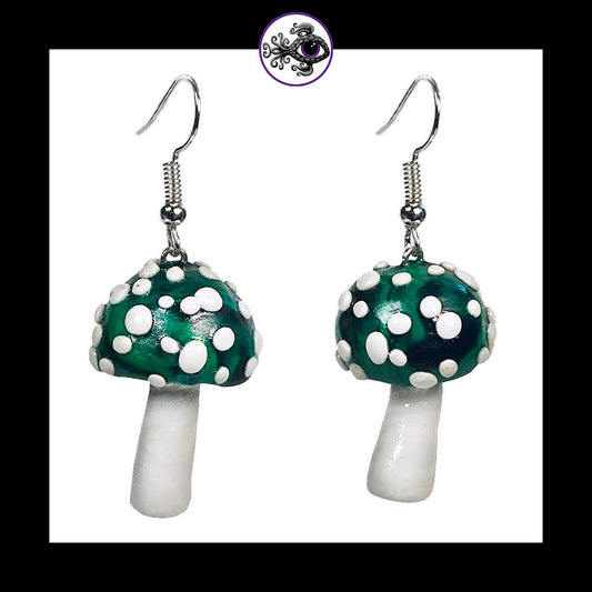 Mushrooms - Green & Black Amanita - Handmade Clay Dangle Earrings *Custom Order Only*