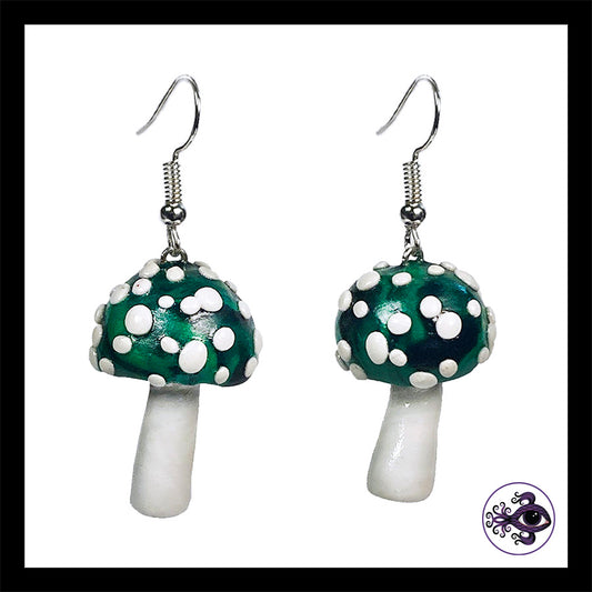 Mushrooms - Green & Black Amanita - Handmade Clay Dangle Earrings *Custom Order Only*