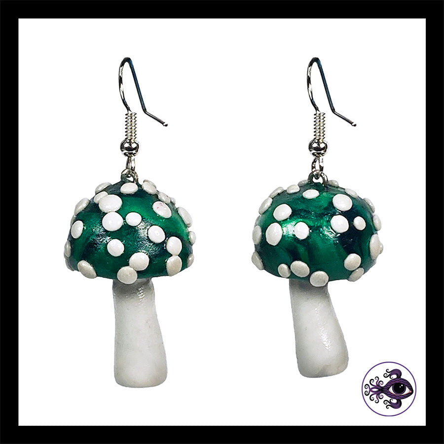 Mushrooms - Green & Black Amanita - Handmade Clay Dangle Earrings *Custom Order Only*