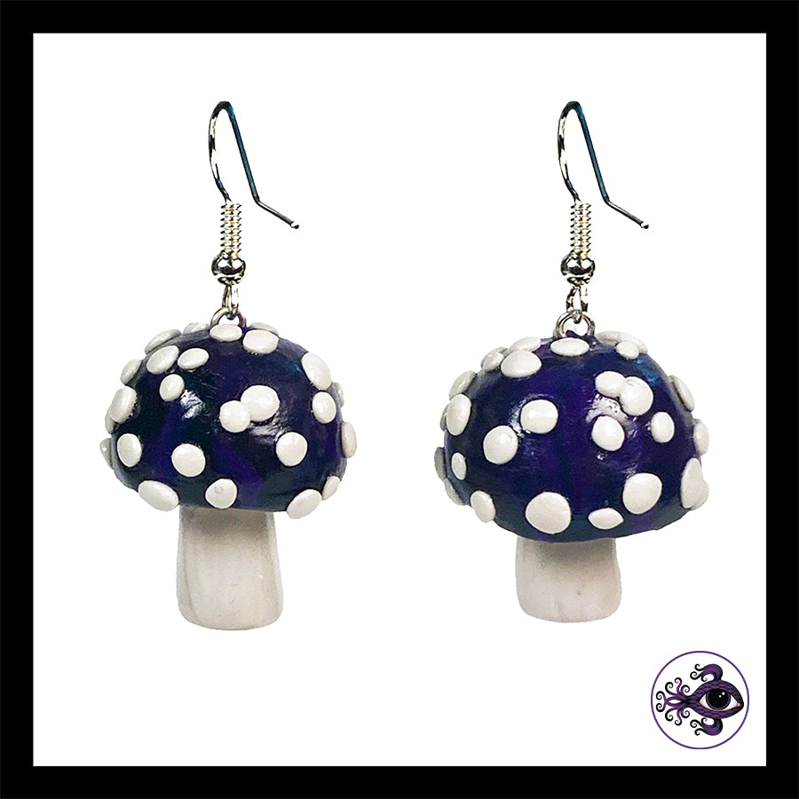 Mushrooms - Purple & Black Amanita - Handmade Clay Dangle Earrings