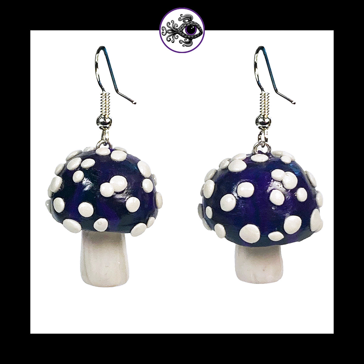 Mushrooms - Purple & Black Amanita - Handmade Clay Dangle Earrings
