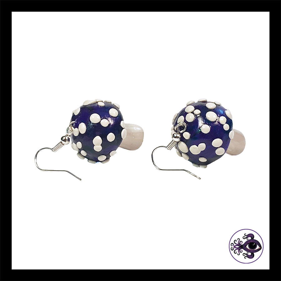 Mushrooms - Purple & Black Amanita - Handmade Clay Dangle Earrings