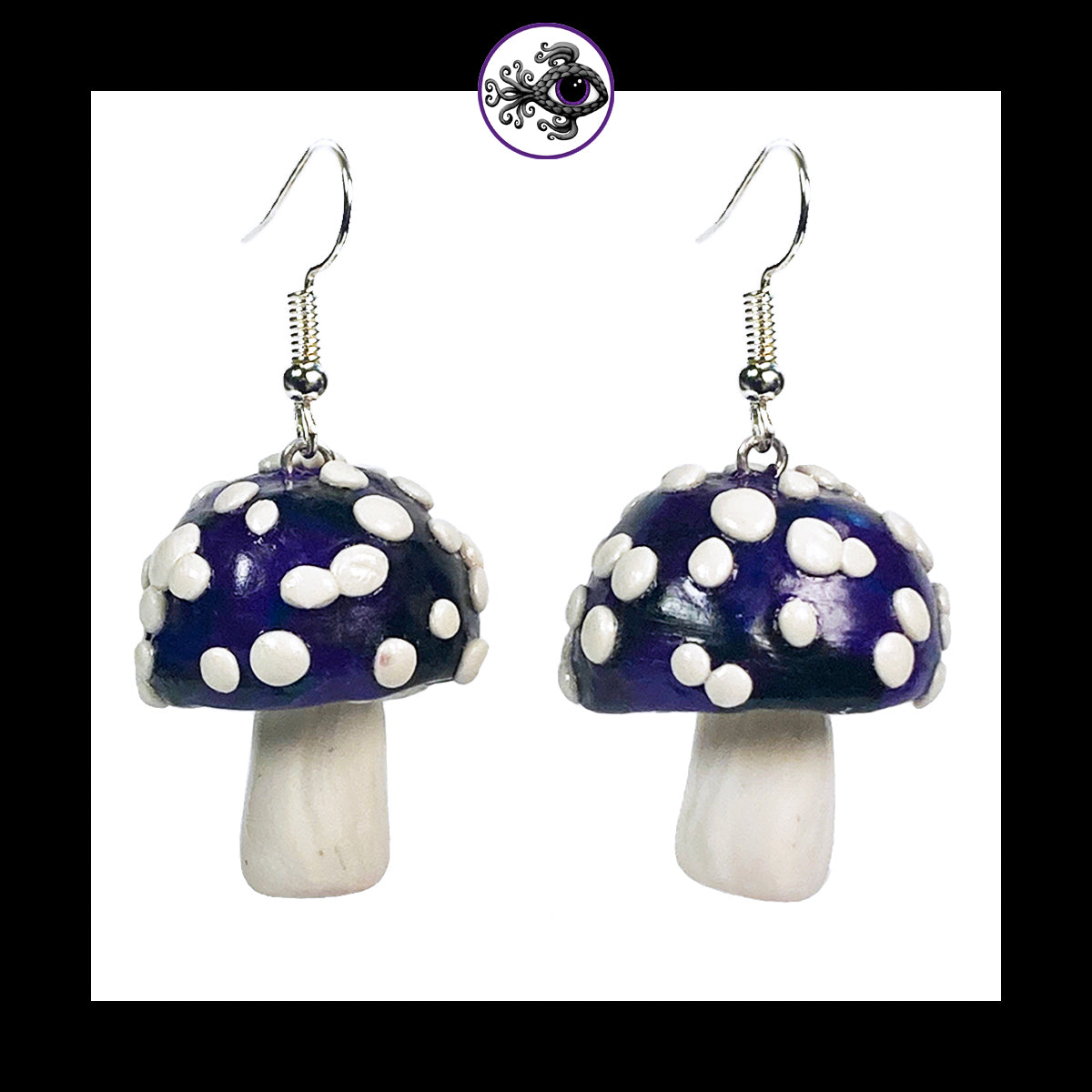 Mushrooms - Purple & Black Amanita - Handmade Clay Dangle Earrings