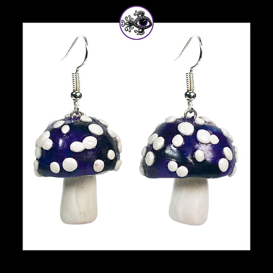 Mushrooms - Purple & Black Amanita - Handmade Clay Dangle Earrings