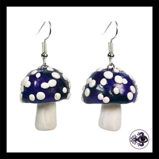 Mushrooms - Purple & Black Amanita - Handmade Clay Dangle Earrings