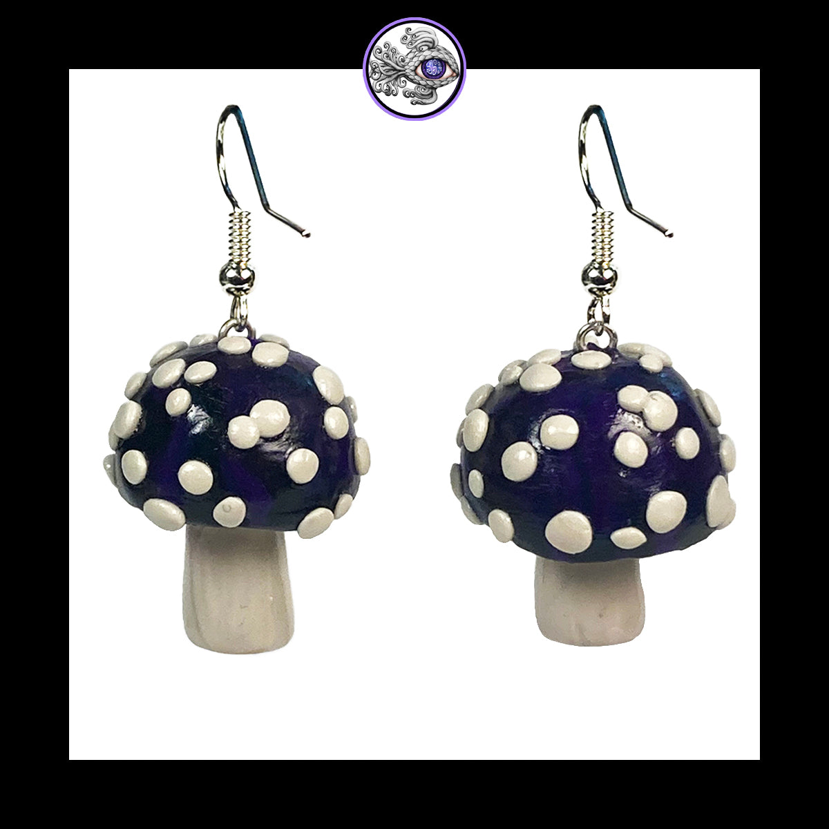 Mushrooms - Purple & Black Amanita - Handmade Clay Dangle Earrings