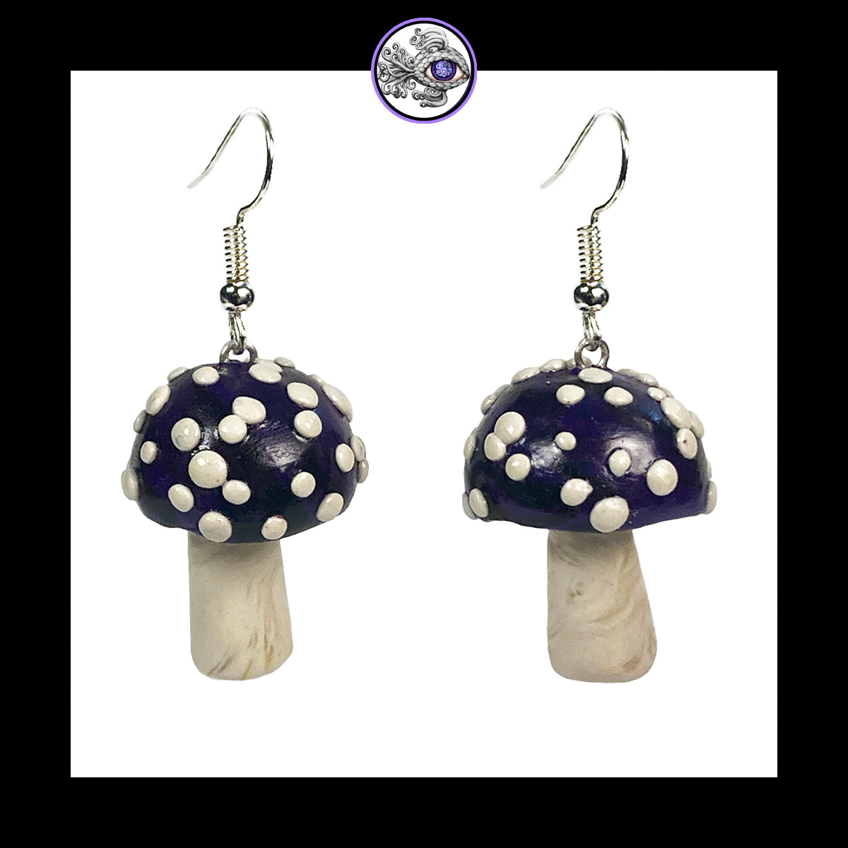 Mushrooms - Purple & Black Amanita - Handmade Clay Dangle Earrings