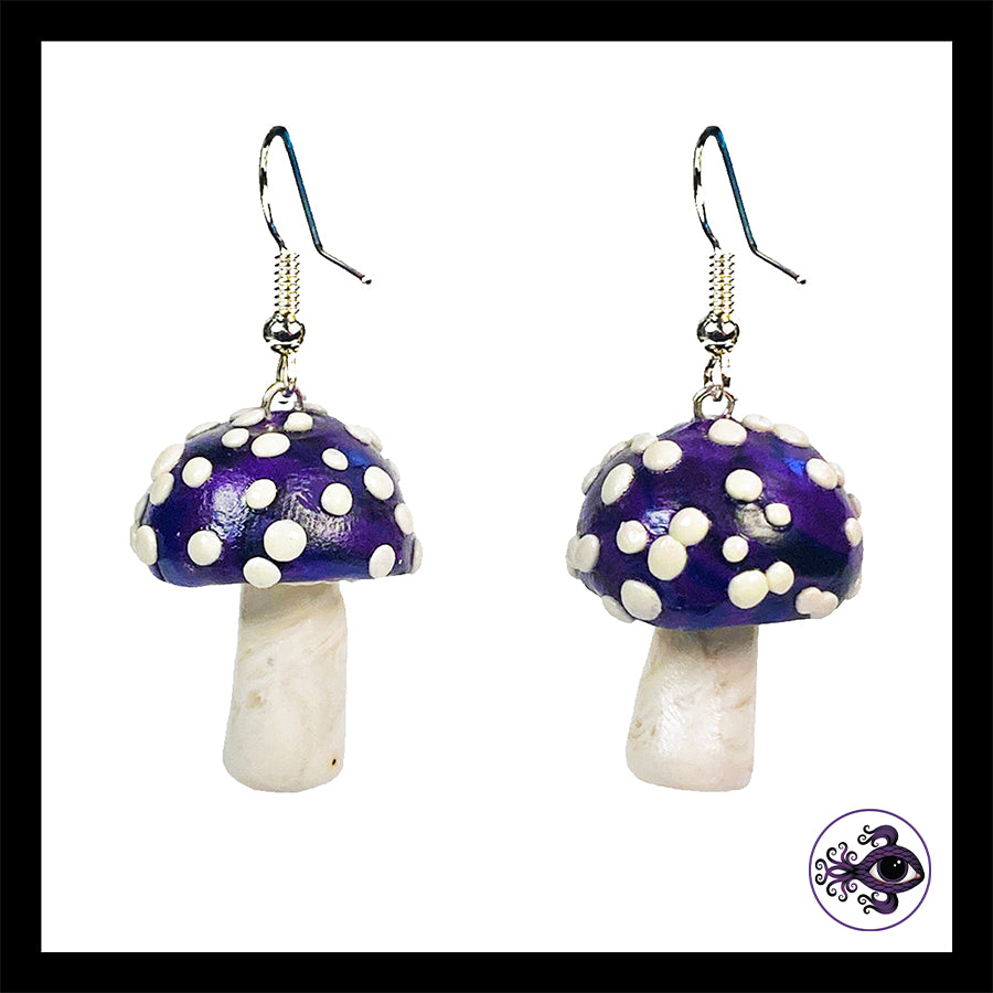 Mushrooms - Purple & Black Amanita - Handmade Clay Dangle Earrings