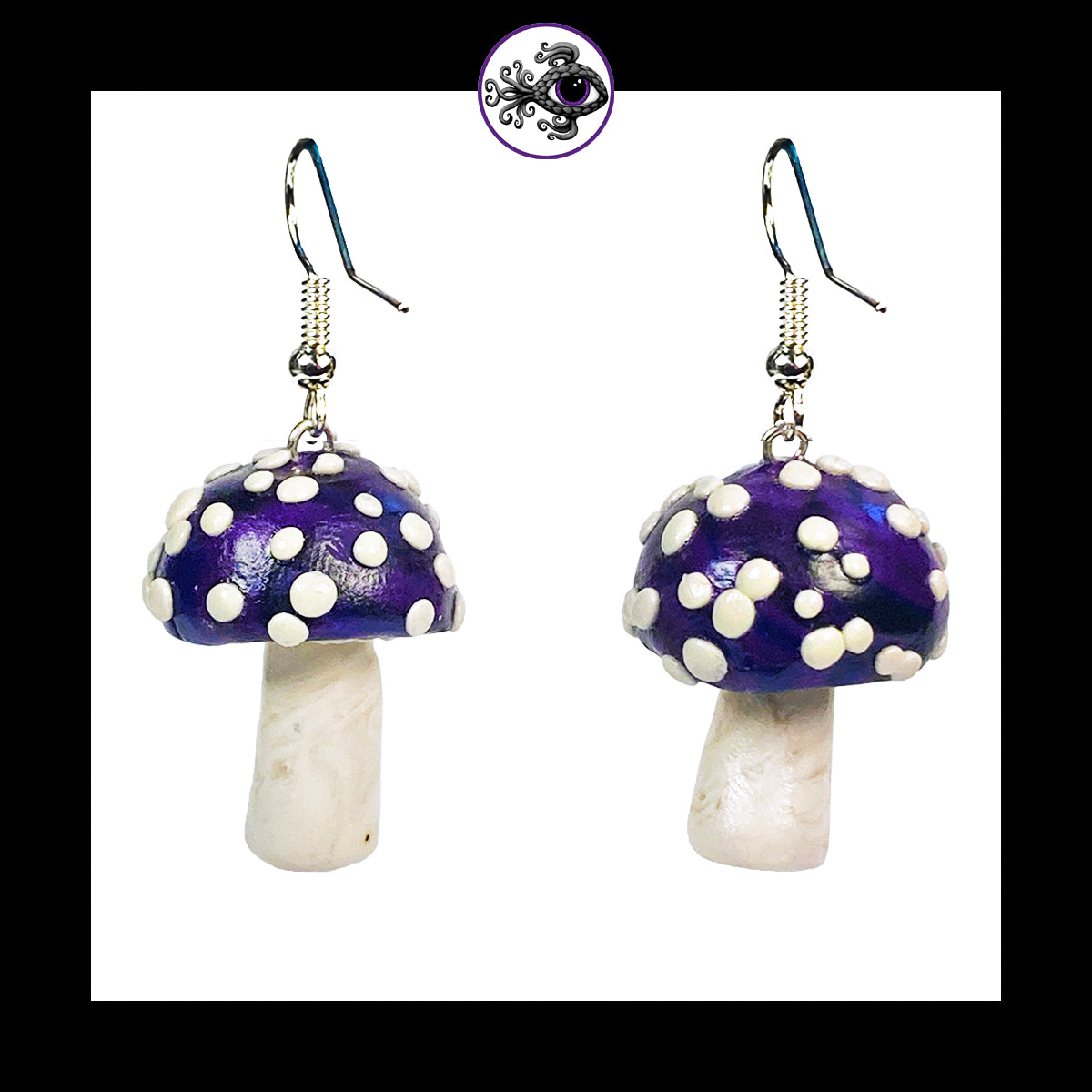 Mushrooms - Purple & Black Amanita - Handmade Clay Dangle Earrings