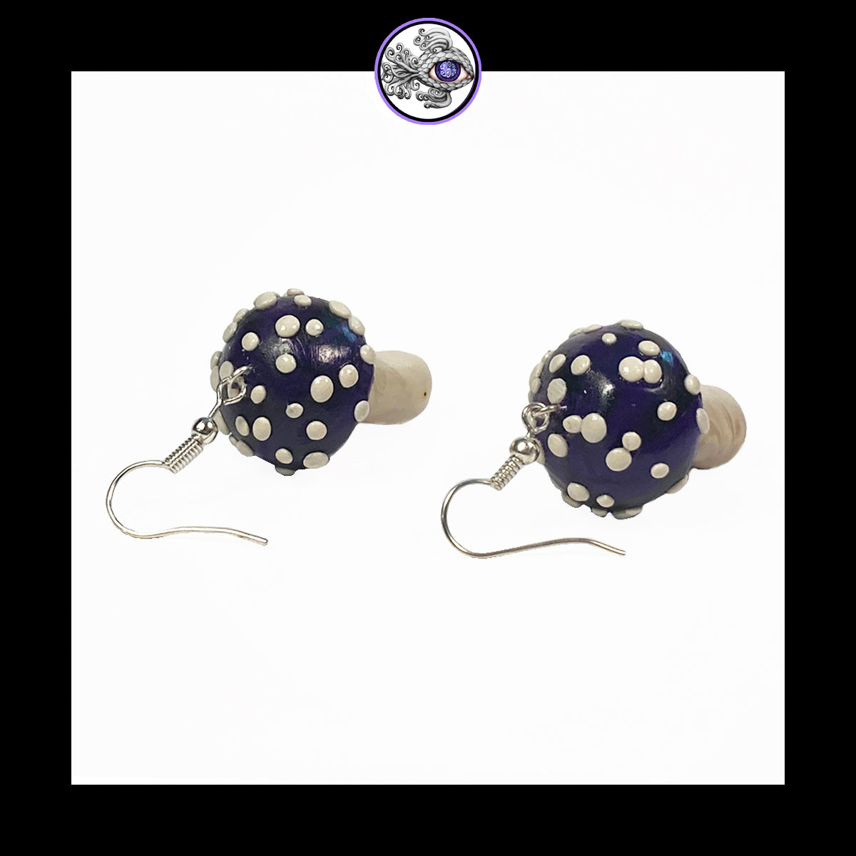 Mushrooms - Purple & Black Amanita - Handmade Clay Dangle Earrings