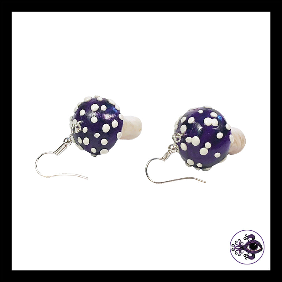 Mushrooms - Purple & Black Amanita - Handmade Clay Dangle Earrings