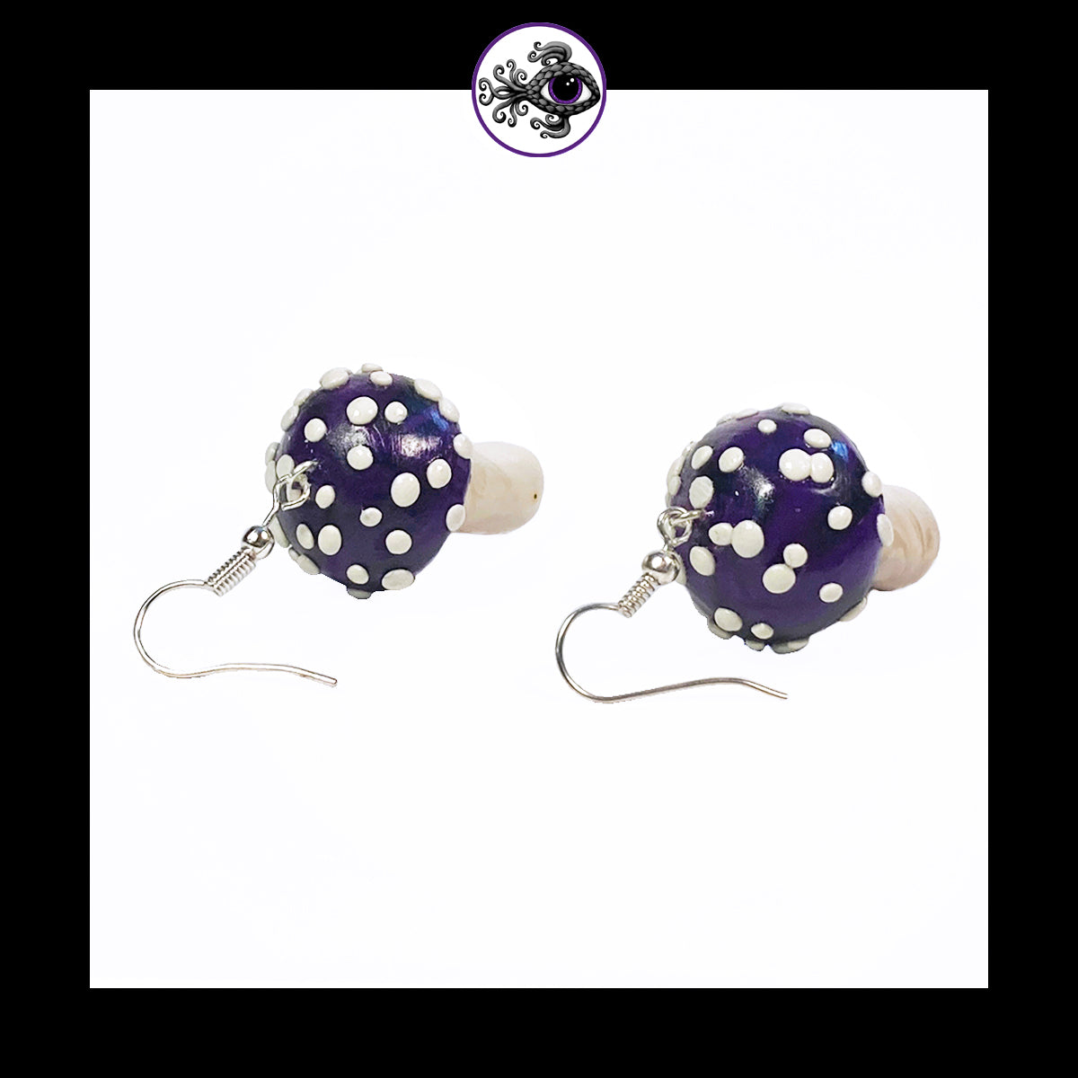 Mushrooms - Purple & Black Amanita - Handmade Clay Dangle Earrings