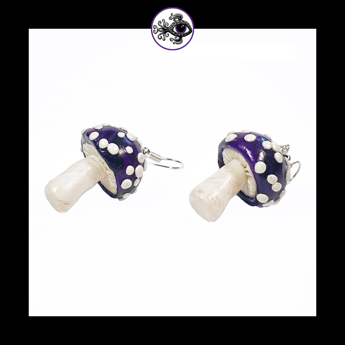 Mushrooms - Purple & Black Amanita - Handmade Clay Dangle Earrings