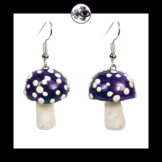 Mushrooms - Purple & Black Amanita - Handmade Clay Dangle Earrings