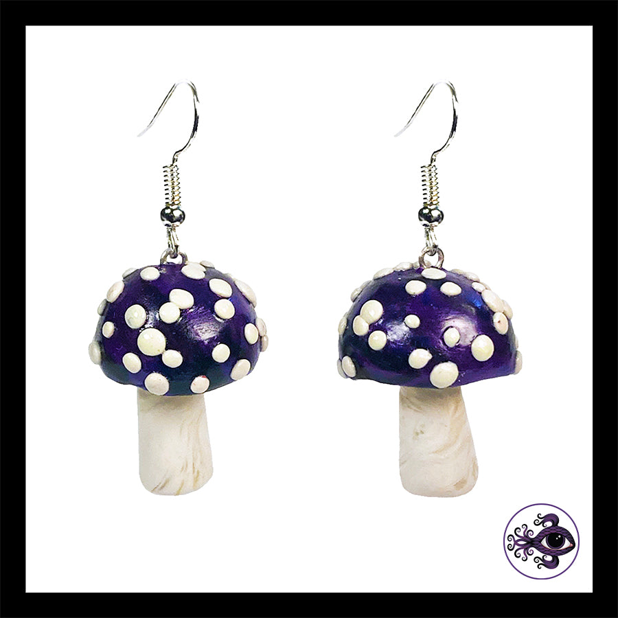 Mushrooms - Purple & Black Amanita - Handmade Clay Dangle Earrings