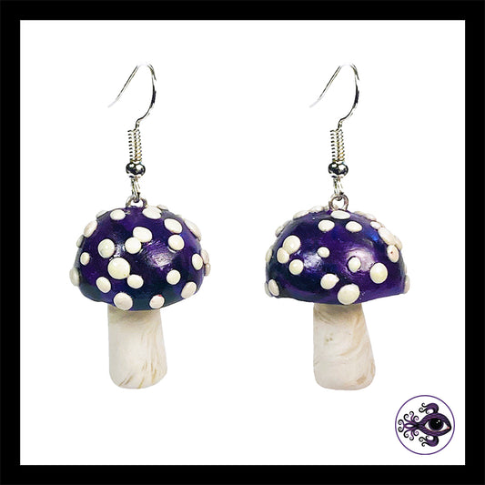 Mushrooms - Purple & Black Amanita - Handmade Clay Dangle Earrings