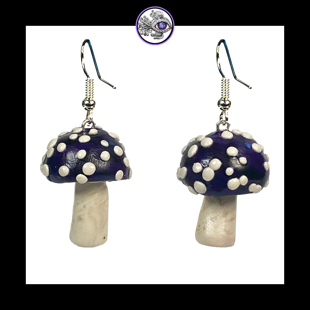 Mushrooms - Purple & Black Amanita - Handmade Clay Dangle Earrings